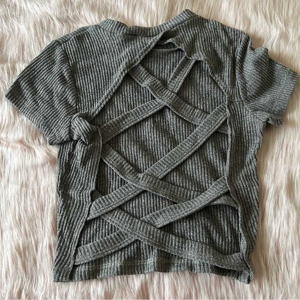 Gray Ribbed Criss-Cross Back Crop Top